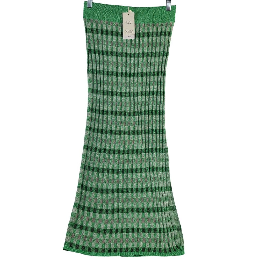 NWT MNG Mango Green & Silver Striped Knit Midi Skirt  Size M
